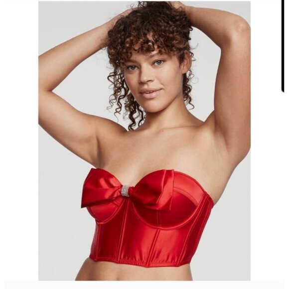 Victorias Secret Red Cupped Bow Bra Top 34C Corset Bustier Rhinestone NEW! - Picture 2 of 10